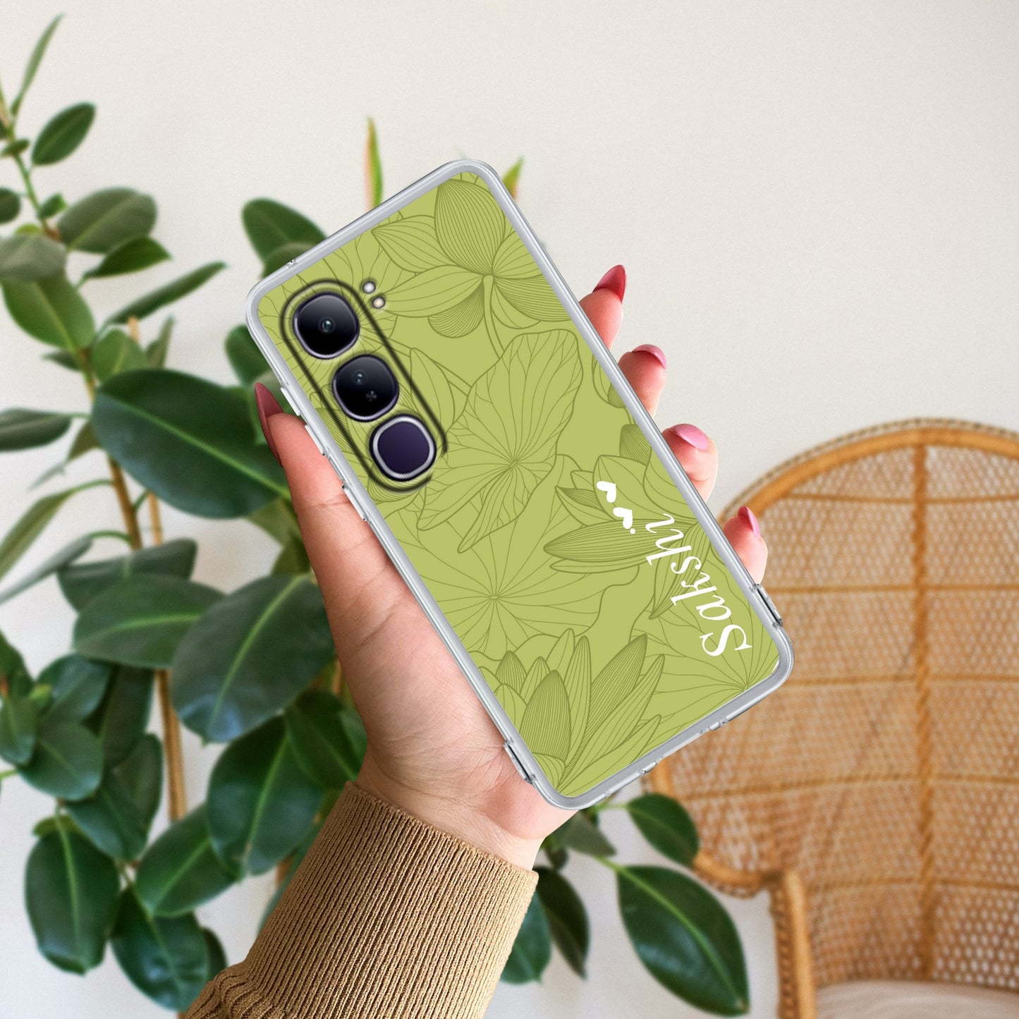 Customized luxury Mint Green leaves Transparent Silicon Case For Vivo