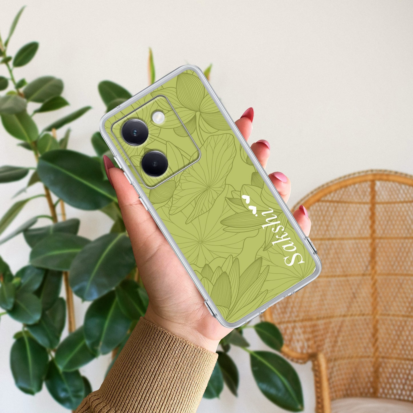 Customized luxury Mint Green leaves Transparent Silicon Case For Vivo