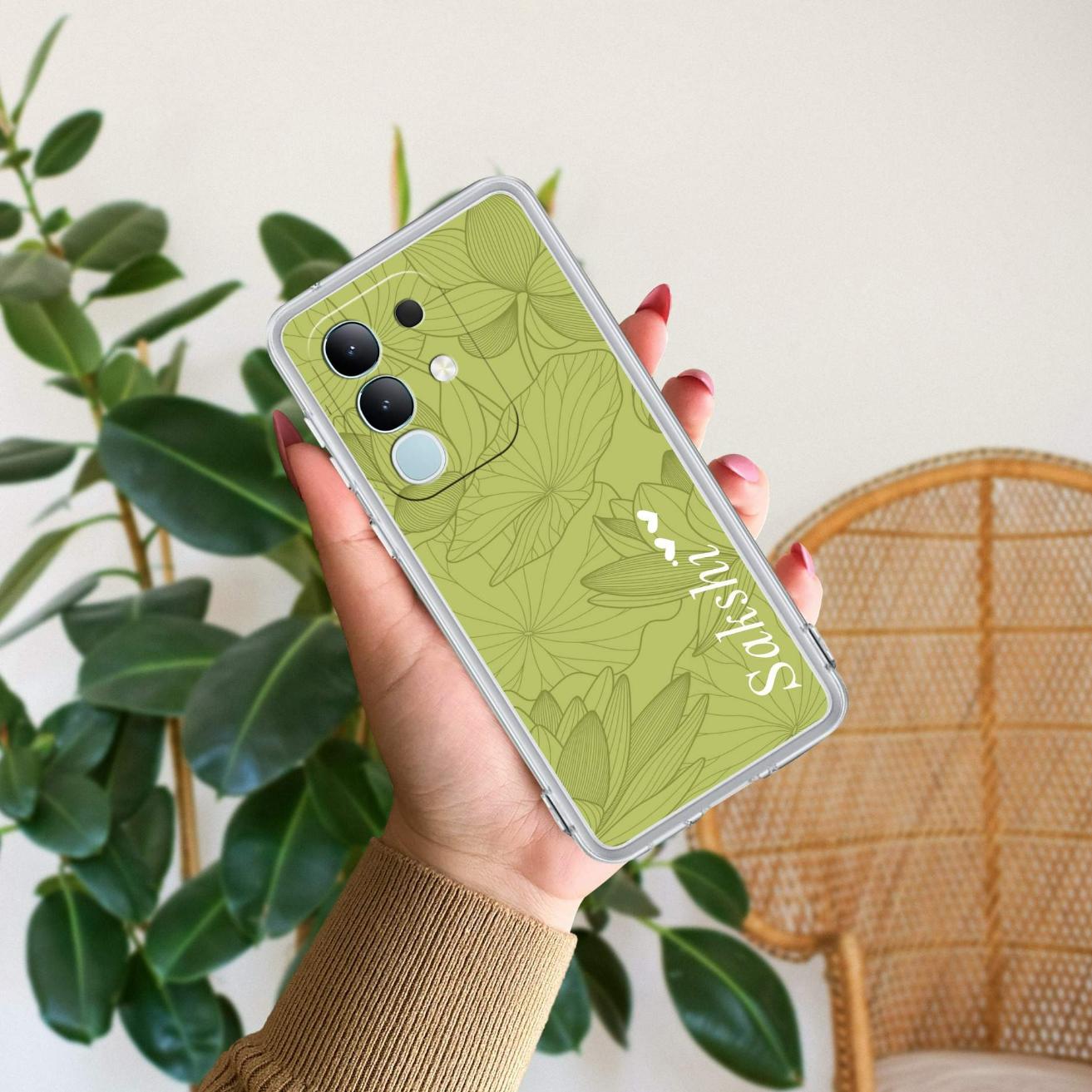 Customized luxury Mint Green leaves Transparent Silicon Case For Vivo