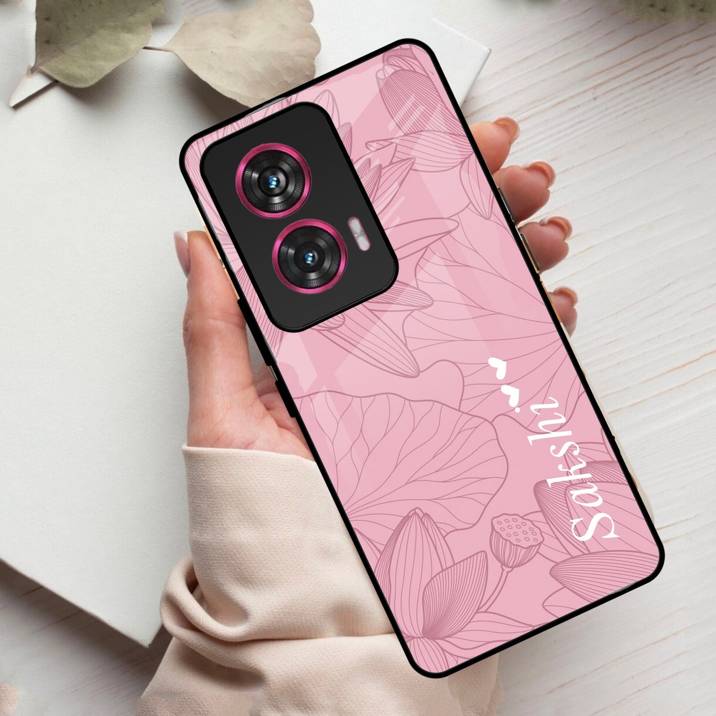 Customized luxury Peach leaves Glass Case Cover  Back SIde