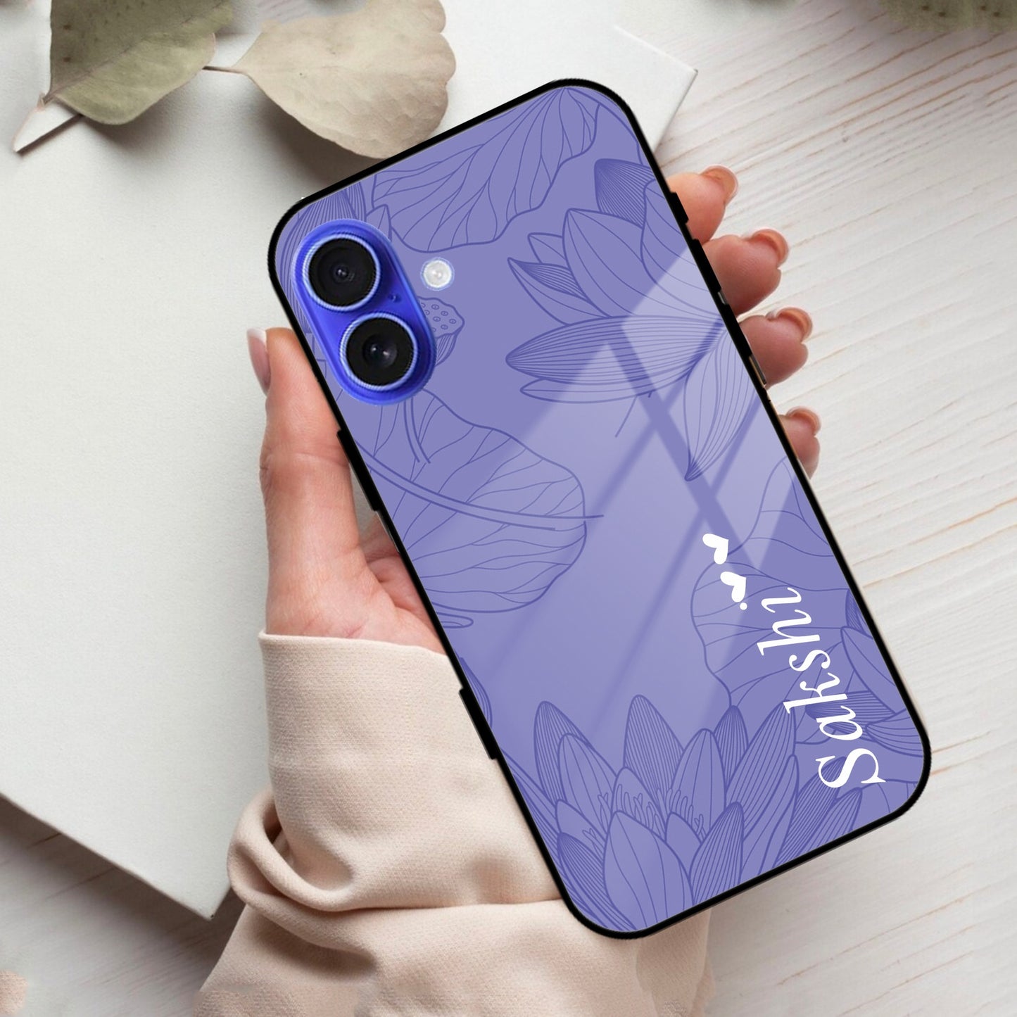 Customized luxury Purple leaves Glass Case Cover For iPhone