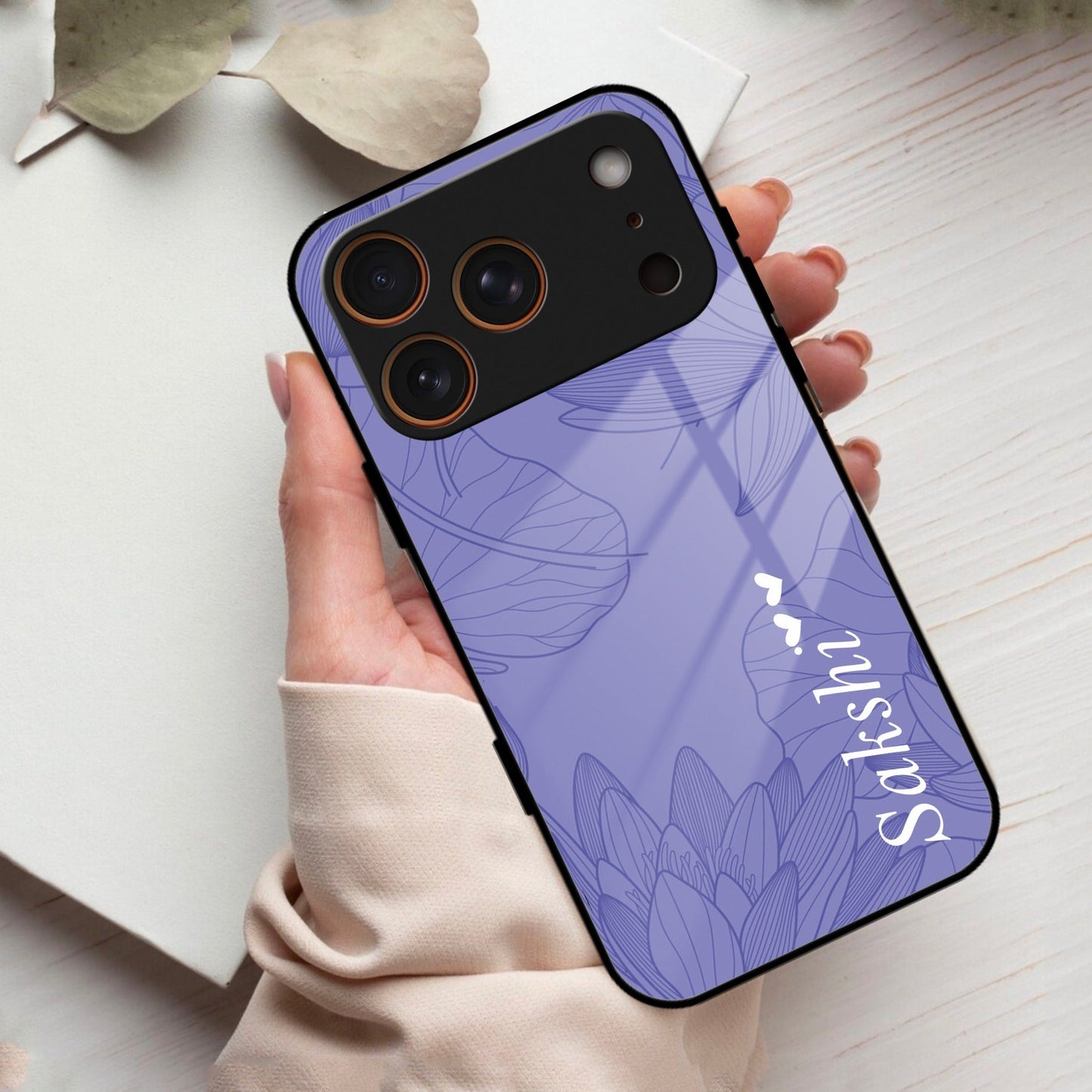 Customized luxury Purple leaves Glass Case Cover For iPhone