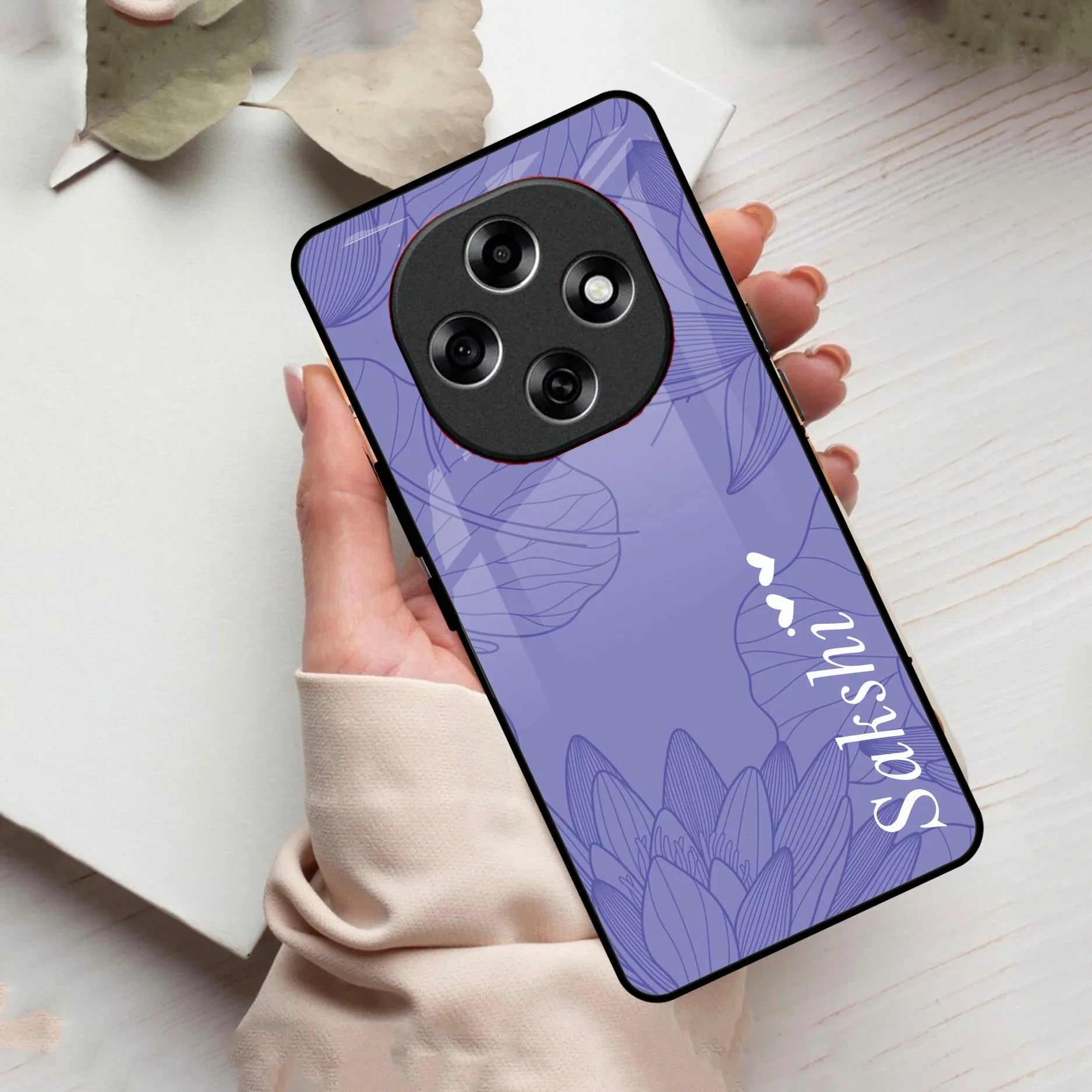 Customized luxury Purple leaves Glass Case Cover For Oppo