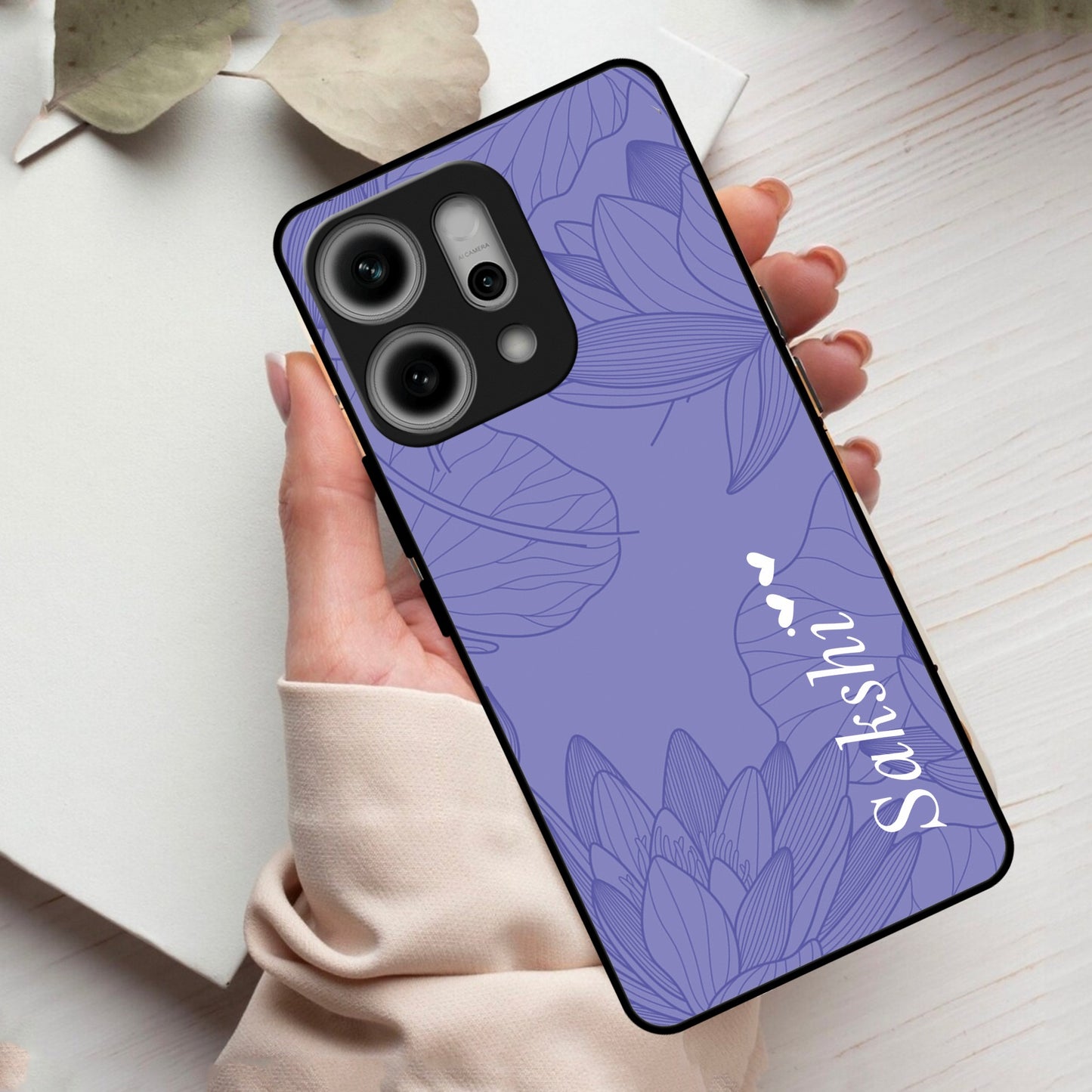 Customized luxury Purple leaves Glass Case Cover For Oppo