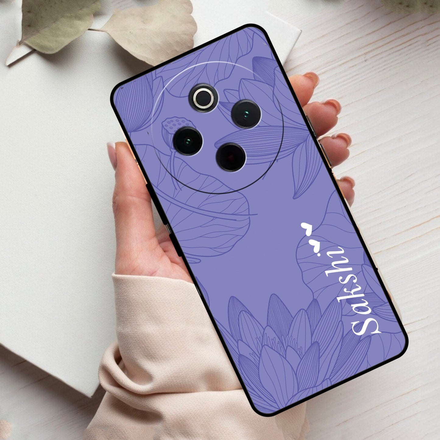 Customized luxury Purple leaves Glass Case Cover For Vivo