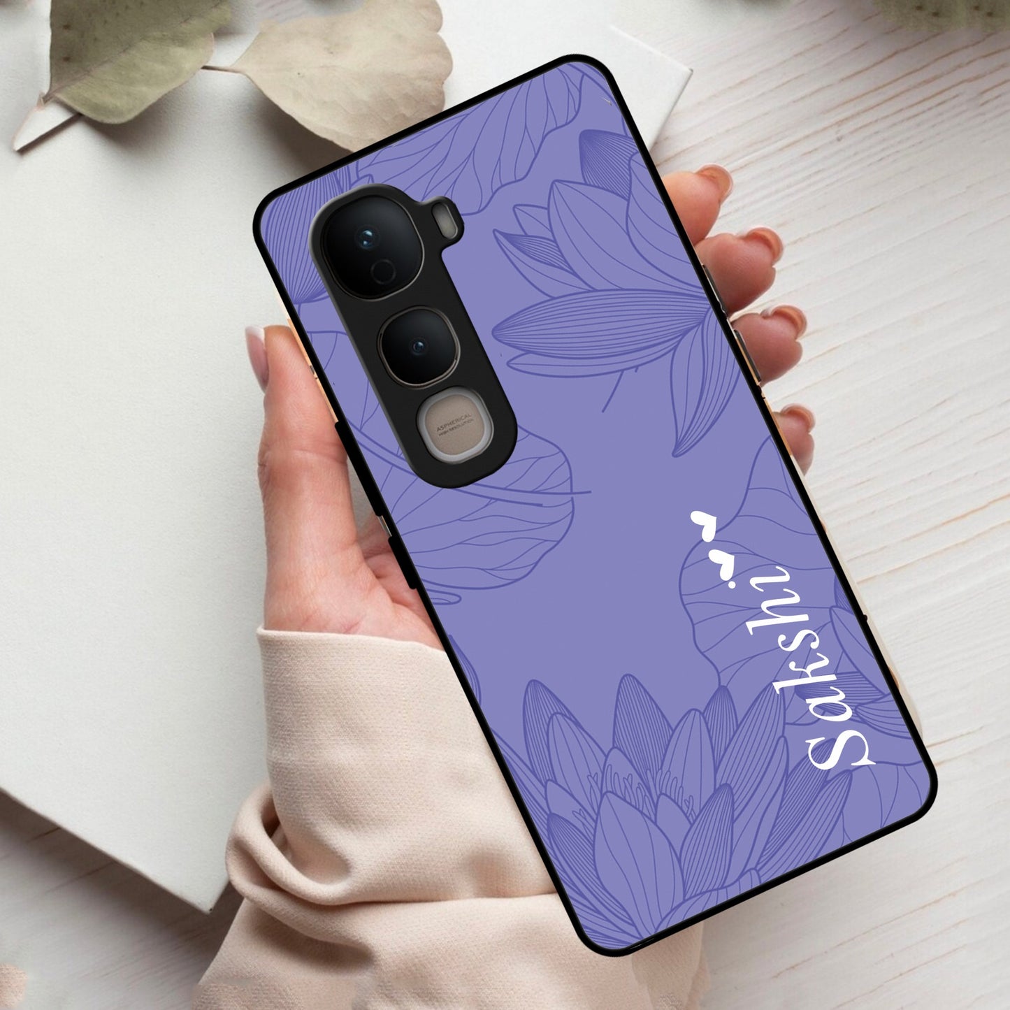 Customized luxury Purple leaves Glass Case Cover For Vivo