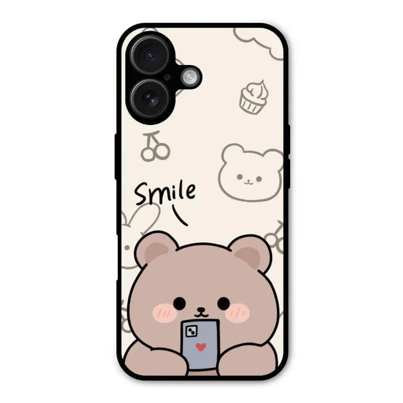 Cute Bear Glossy Metal Case Cover For iPhone 16 Plus