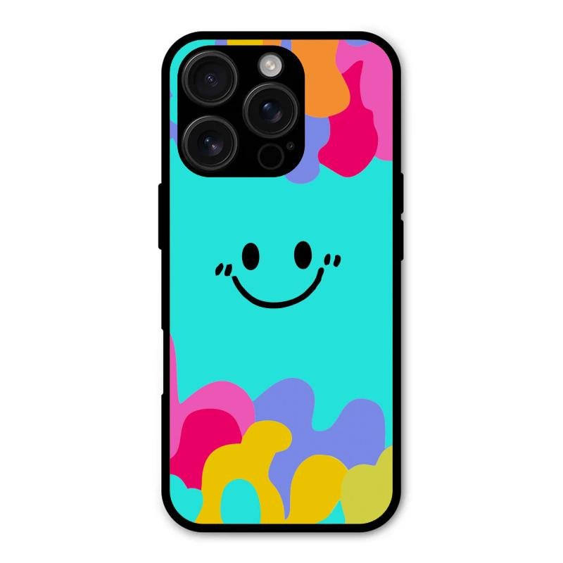Cute Blue Smiley Multicolor Glass Case For iPhone 16 Pro