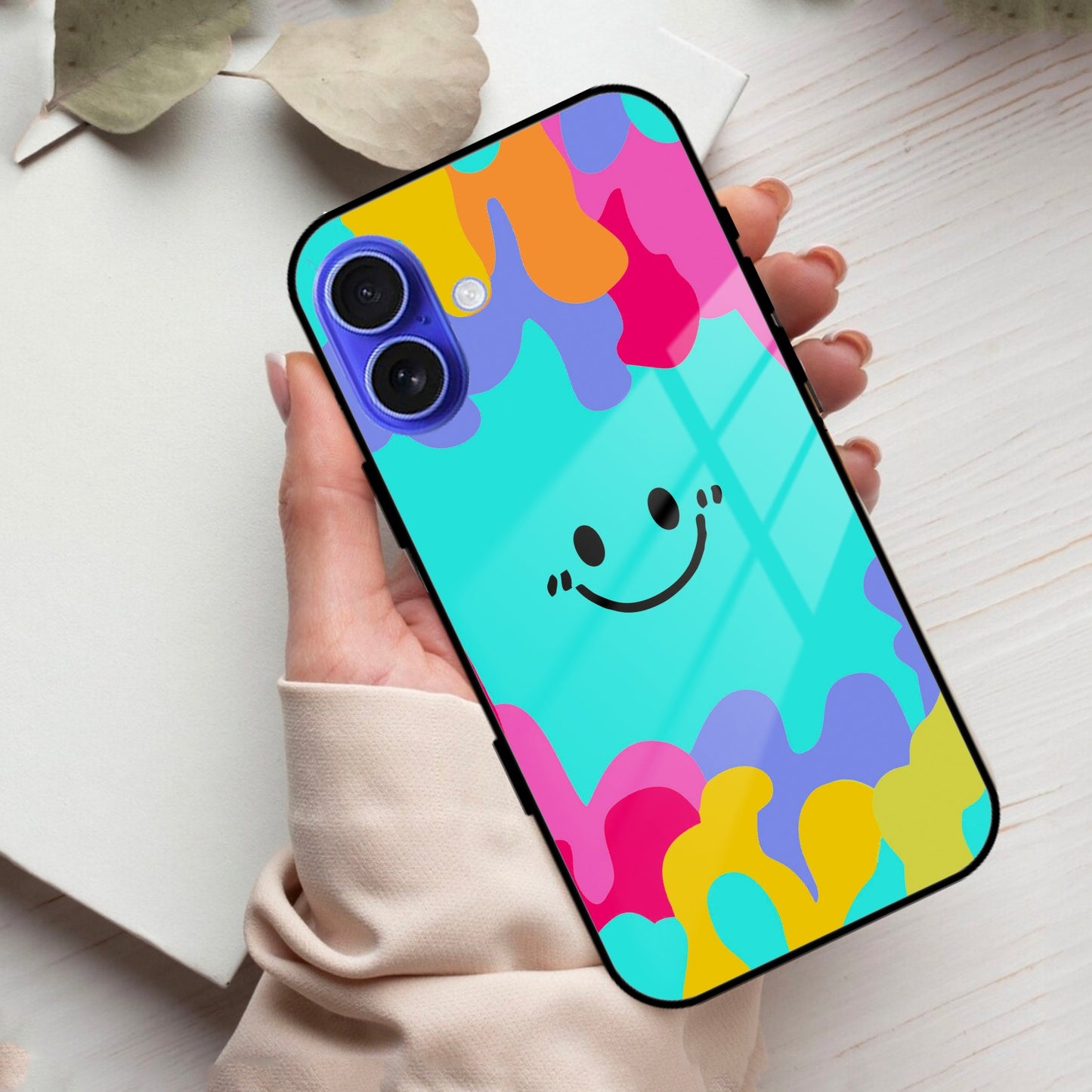 Cute Blue Smiley Multicolor Glass Case For iPhone