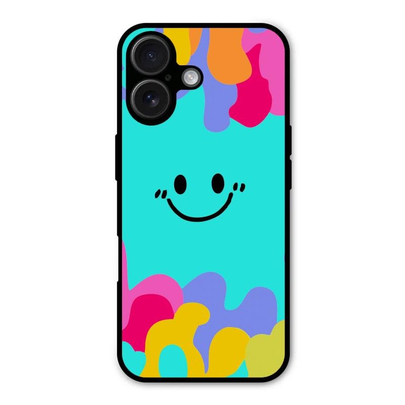 Cute Blue Smiley Multicolor Glass Case For iPhone 16