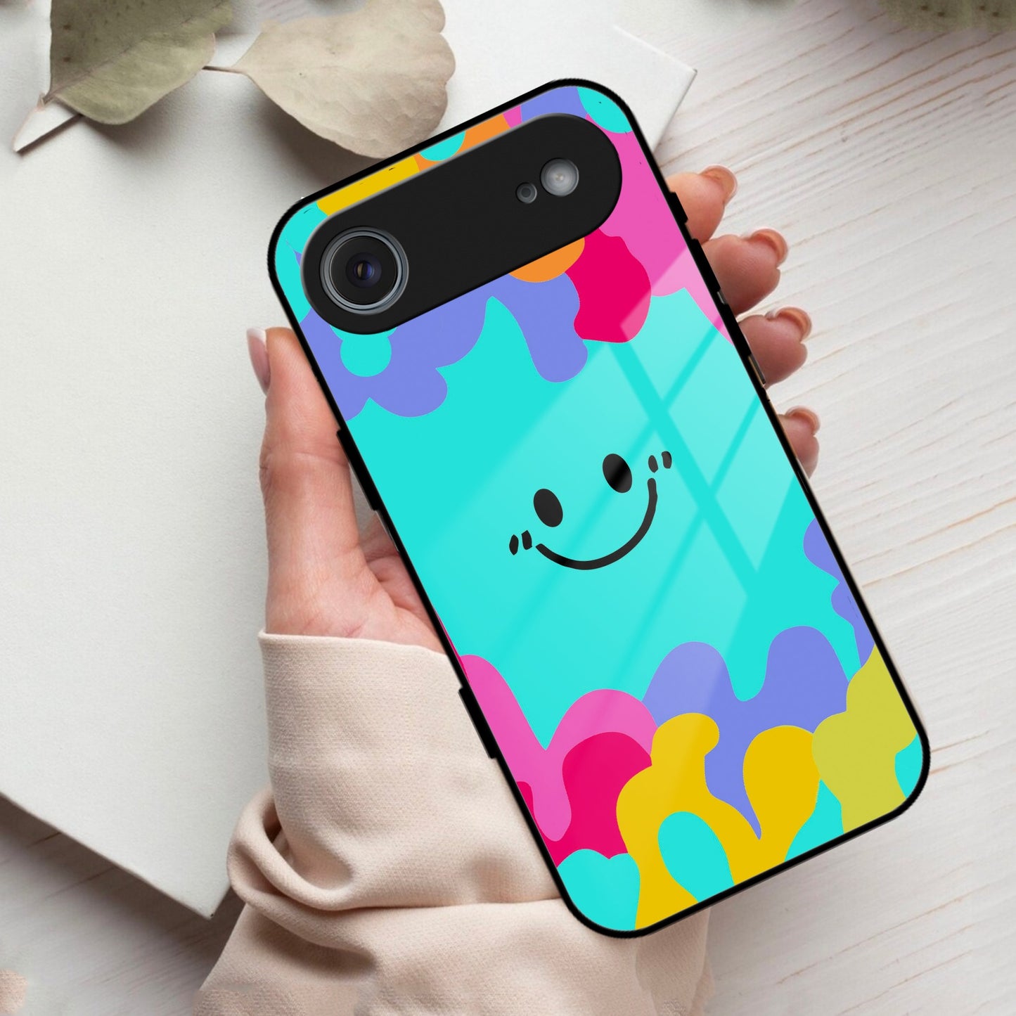 Cute Blue Smiley Multicolor Glass Case For iPhone