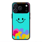 Cute Blue Smiley Multicolor Glass Case For iPhone 17 Pro Max