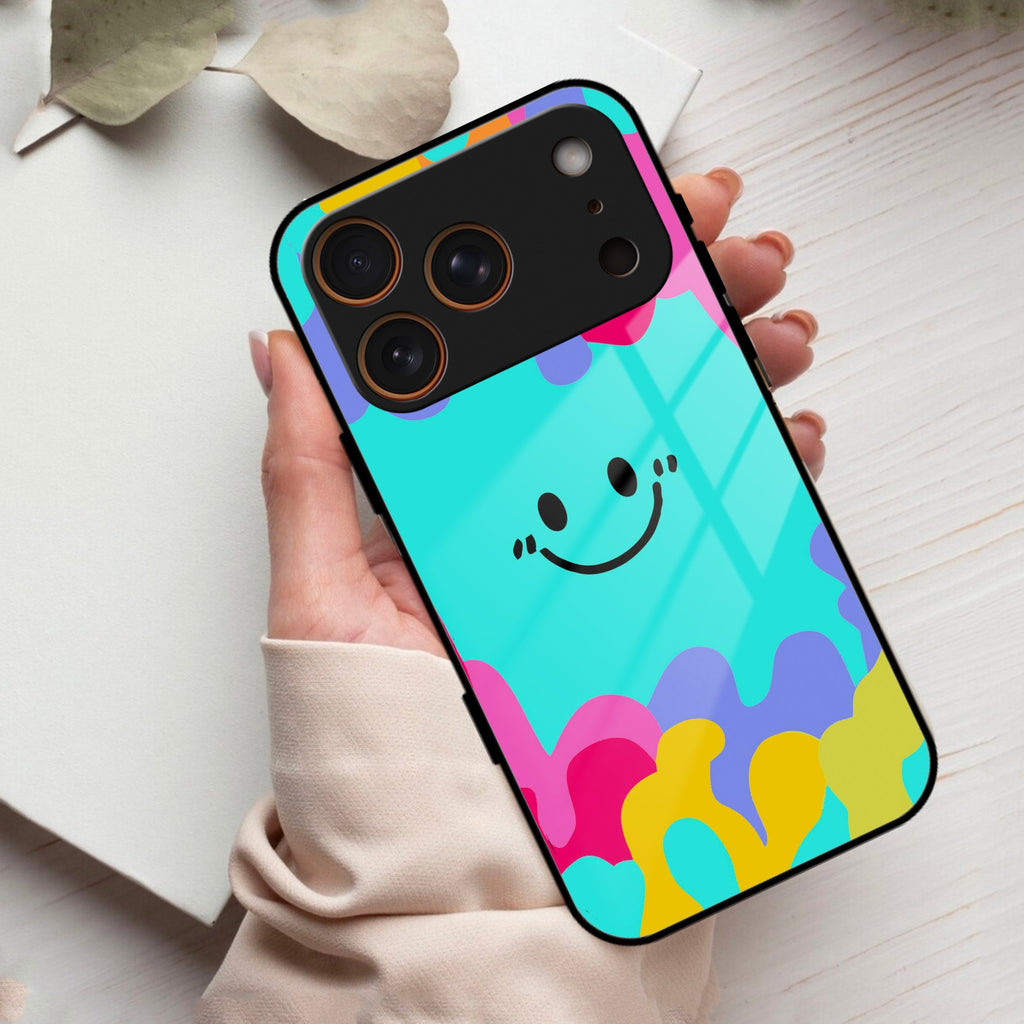 Cute Blue Smiley Multicolor Glass Case For iPhone 17 Pro Max