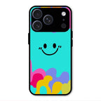 Cute Blue Smiley Multicolor Glass Case For iPhone 17 Pro