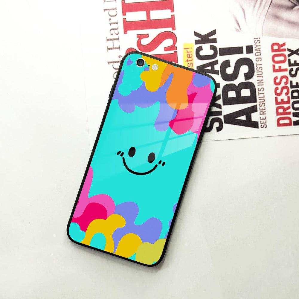 Cute Blue Smiley Multicolor Glass Case For iPhone