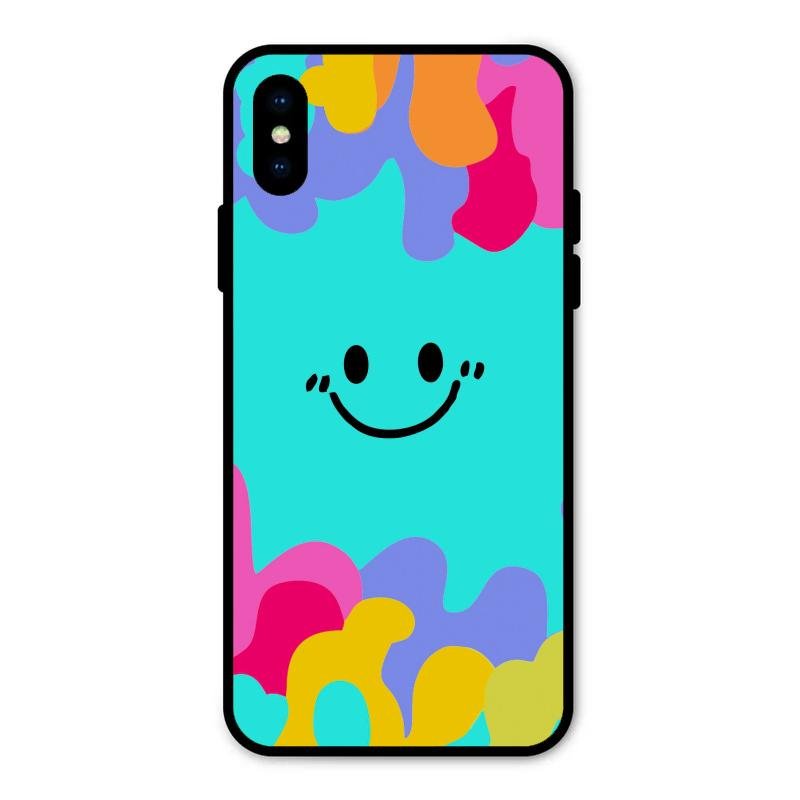 Cute Blue Smiley Multicolor Glass Case For iPhone XS