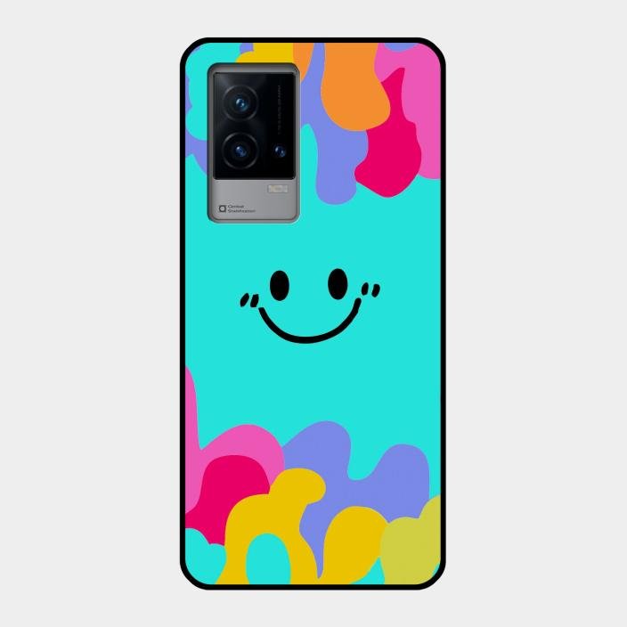 Cute Blue Smiley Multicolor Glass Case For Iqoo 9 5G
