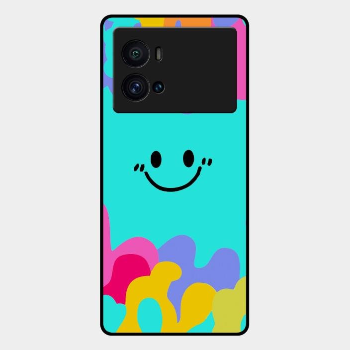 Cute Blue Smiley Multicolor Glass Case For Iqoo 9 Pro 5G