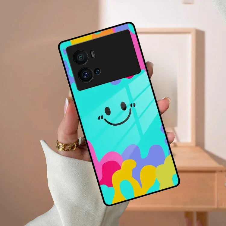 Cute Blue Smiley Multicolor Glass Case For Vivo - ShopOnCliQ