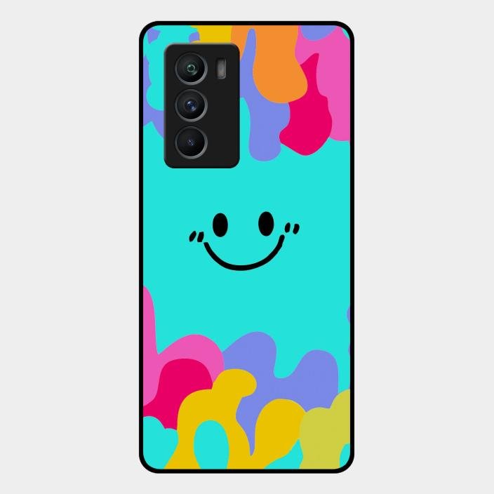 Cute Blue Smiley Multicolor Glass Case For Iqoo 9 Se 5G