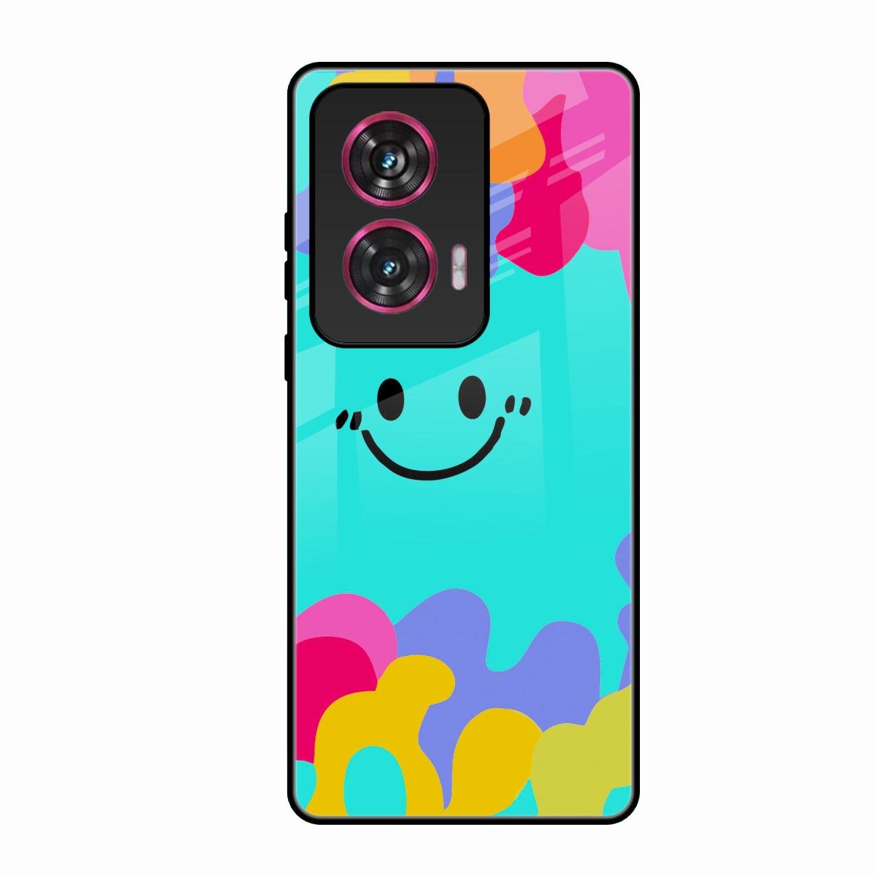 Cute Blue Smiley Multicolor Glass Case For Motorola Edge 50 Fusion 5G