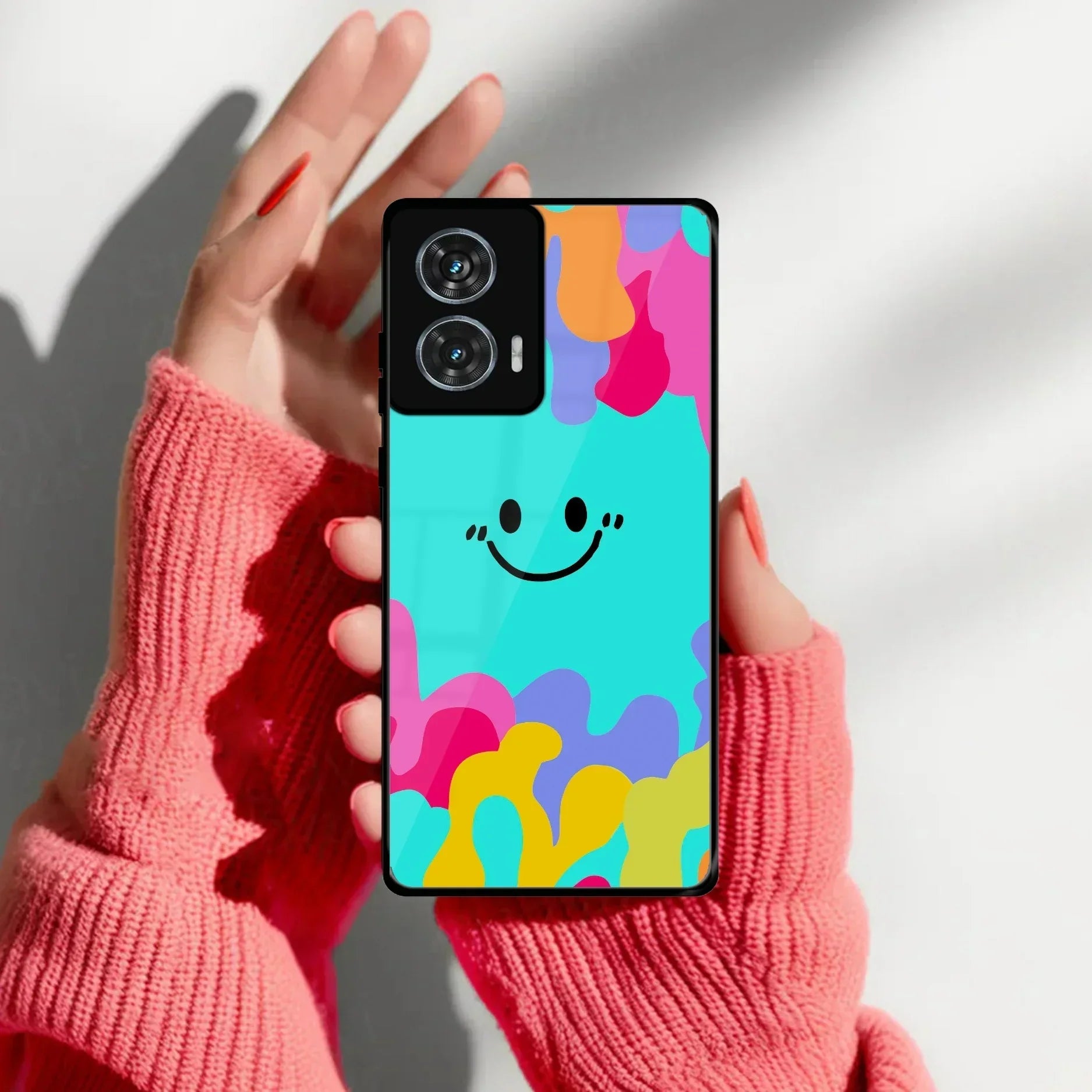 Cute Blue Smiley Multicolor Glass Case For Motorola - ShopOnCliQ