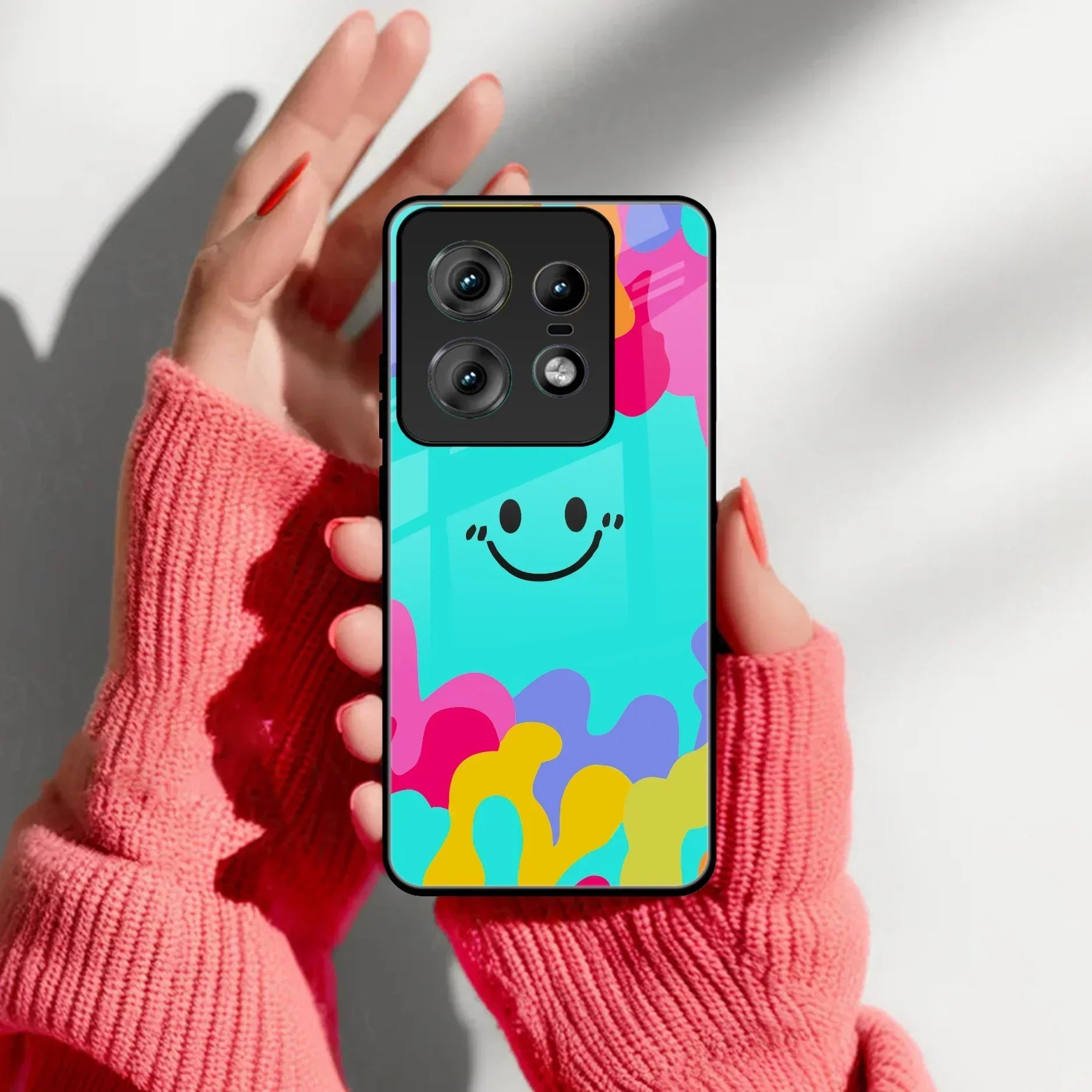 Cute Blue Smiley Multicolor Glass Case For Motorola - ShopOnCliQ
