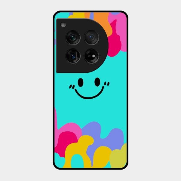 Cute Blue Smiley Multicolor Glass Case For Oneplus 12 5G