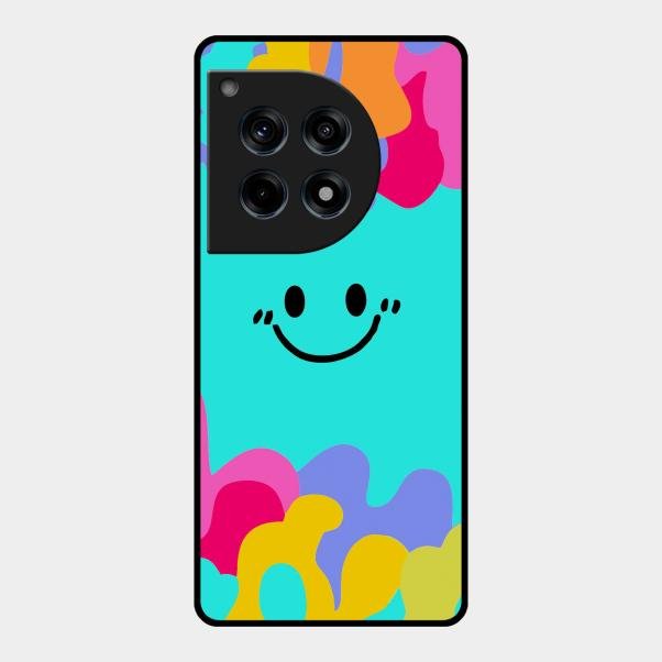 Cute Blue Smiley Multicolor Glass Case For Oneplus 12R 5G