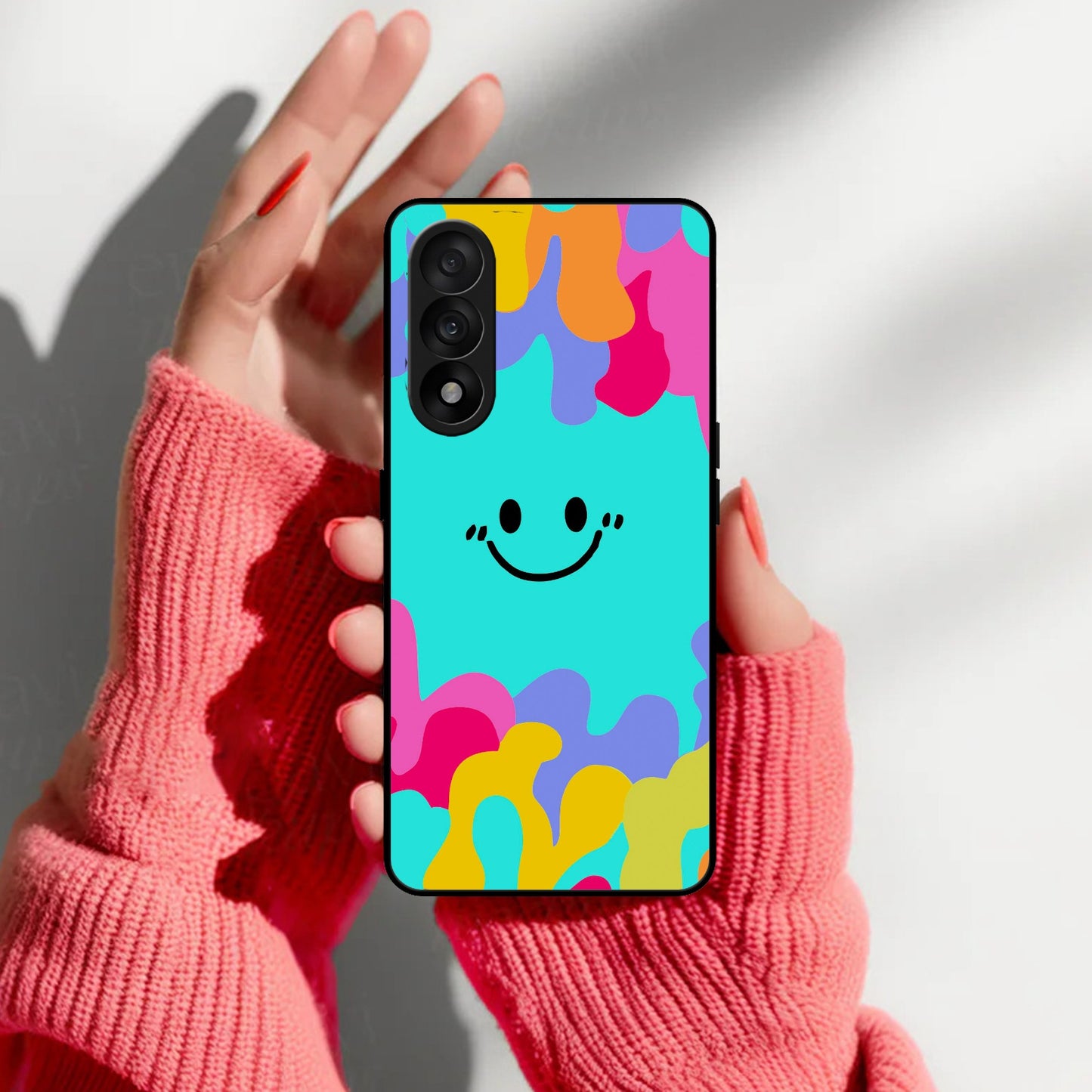 Cute Blue Smiley Multicolor Glass Case For OnePlus
