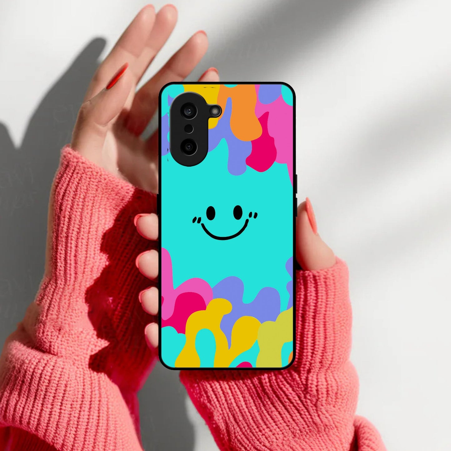 Cute Blue Smiley Multicolor Glass Case For OnePlus
