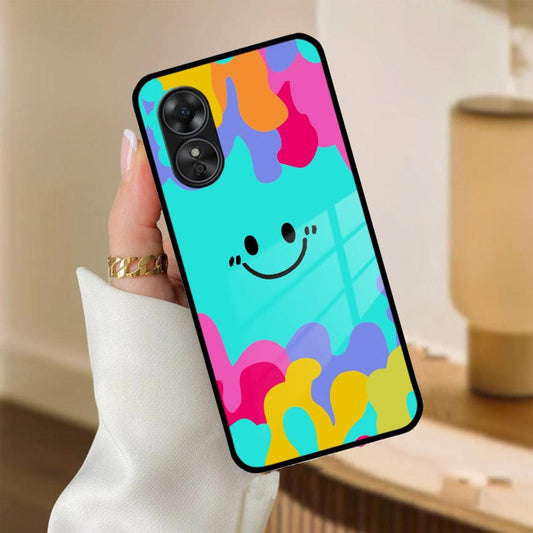 Cute Blue Smiley Multicolor Glass Case For Oppo