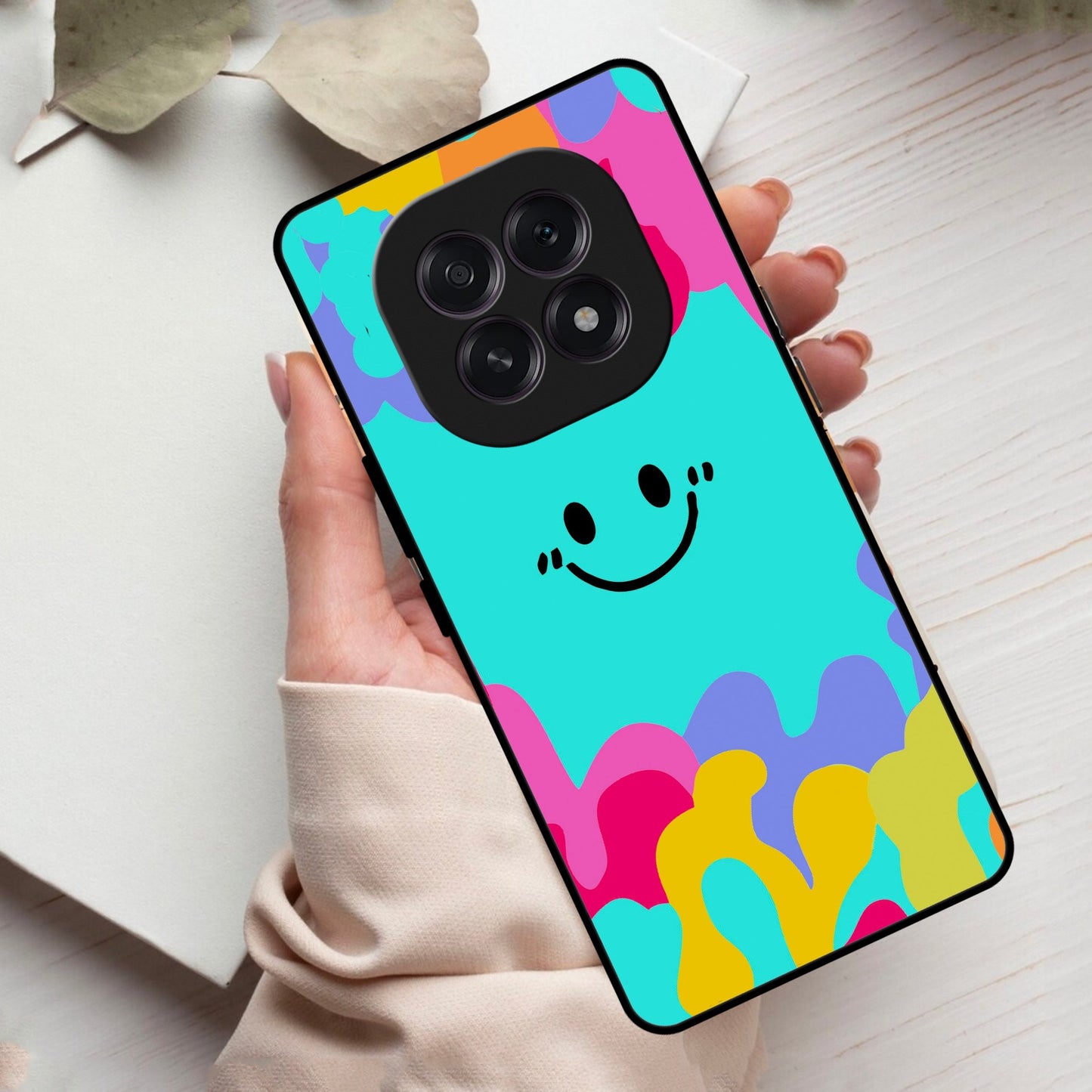 Cute Blue Smiley Multicolor Glass Case For Oppo