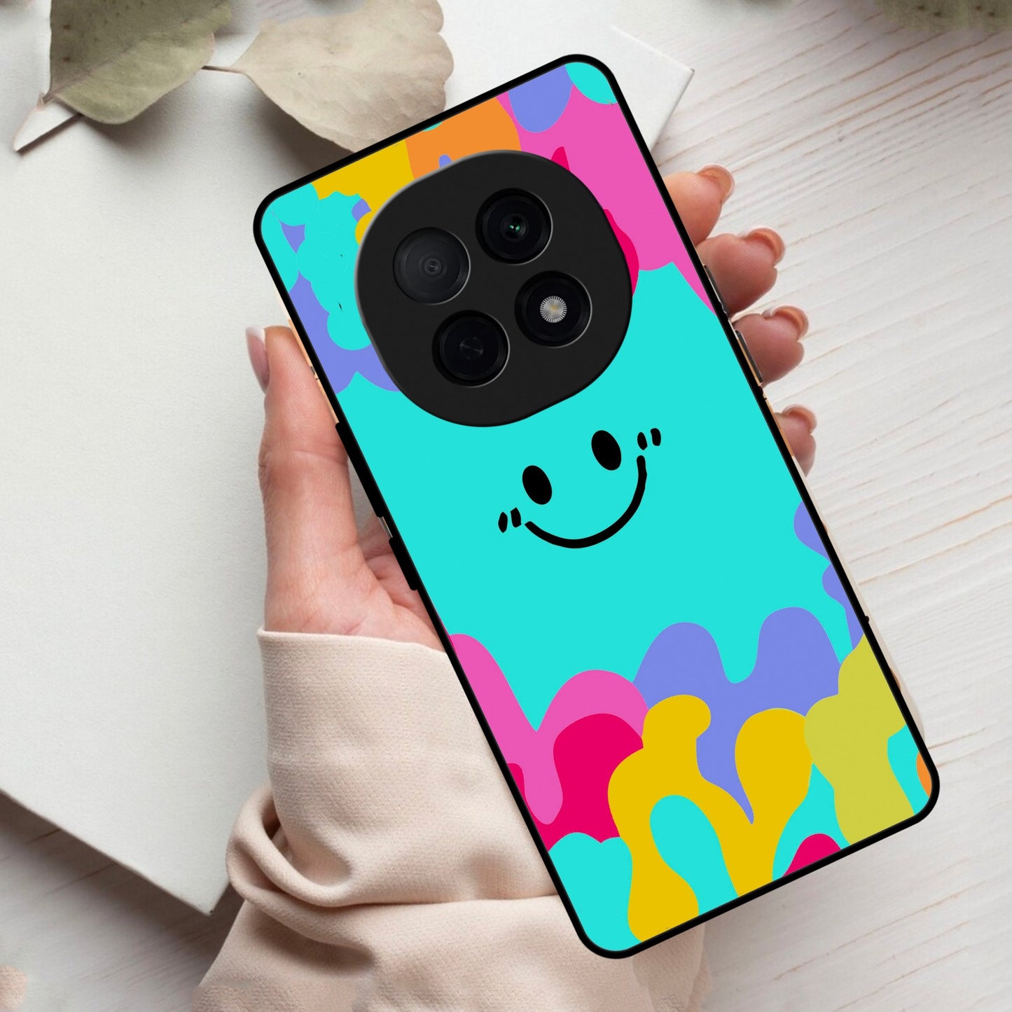 Cute Blue Smiley Multicolor Glass Case For Oppo