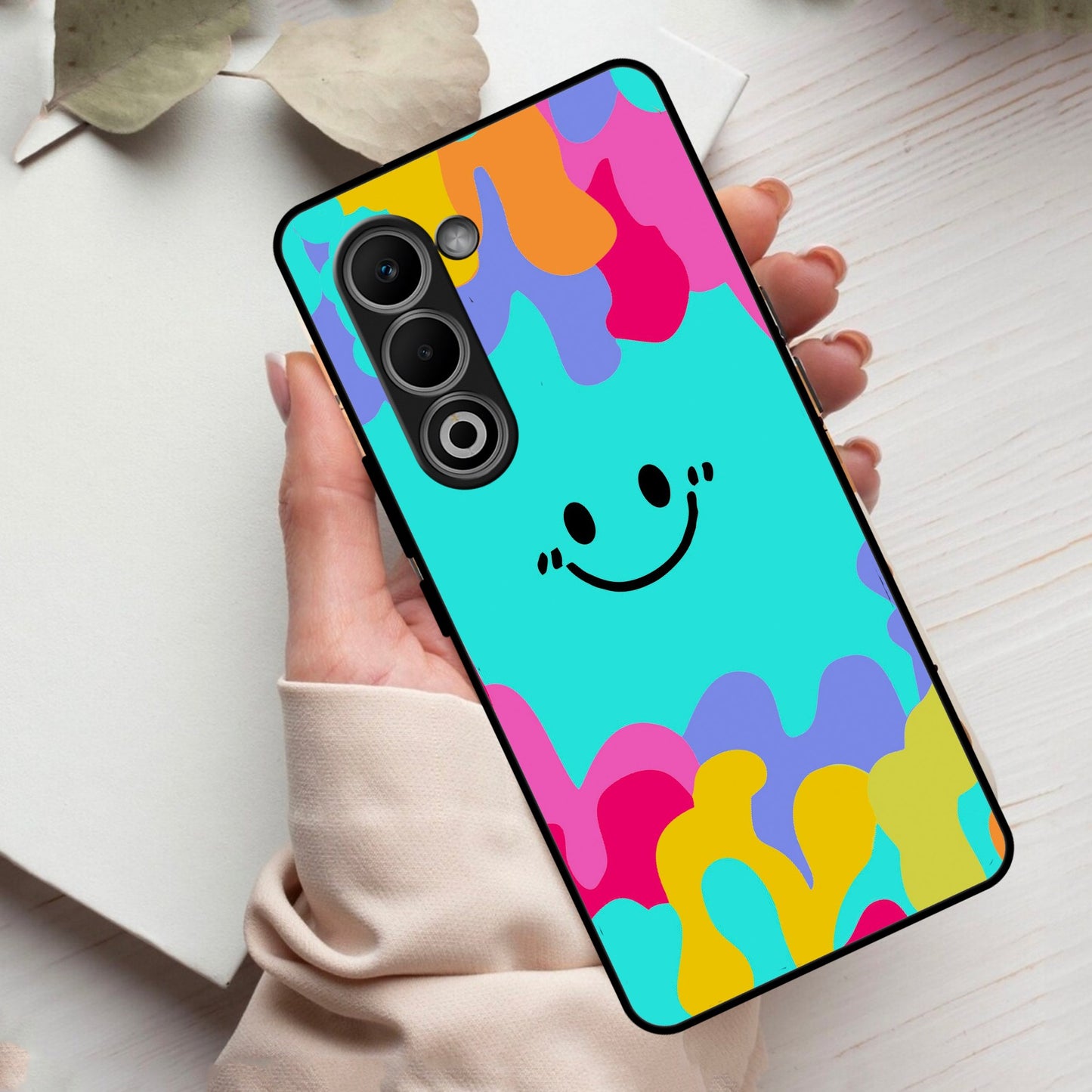 Cute Blue Smiley Multicolor Glass Case For Oppo