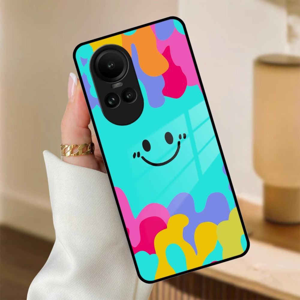 Cute Blue Smiley Multicolor Glass Case For Oppo