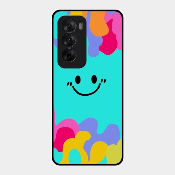 Cute Blue Smiley Multicolor Glass Case For Oppo Reno 12 5G