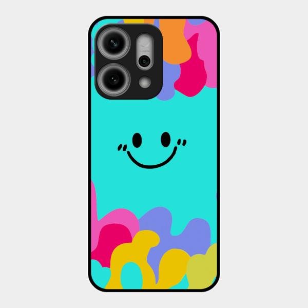 Cute Blue Smiley Multicolor Glass Case For Oppo Reno 14 Pro 5G