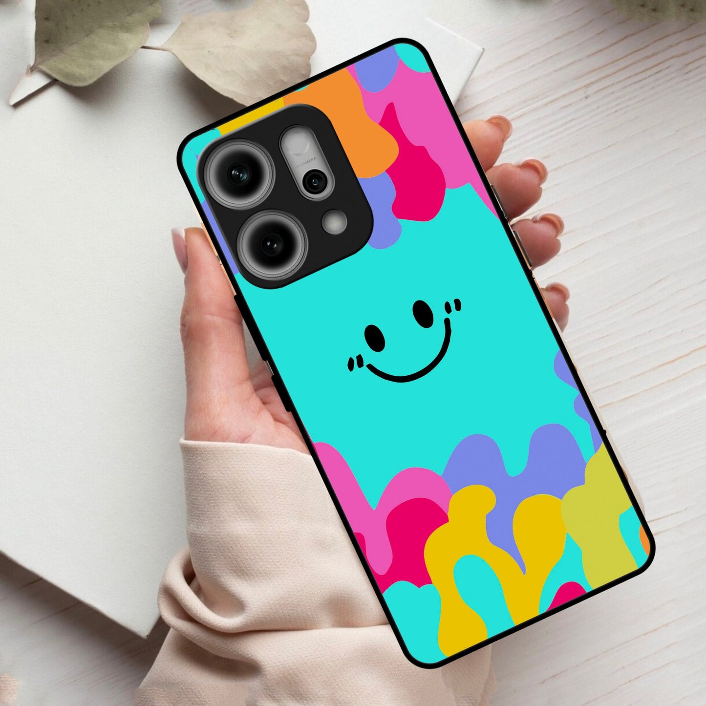Cute Blue Smiley Multicolor Glass Case For Oppo