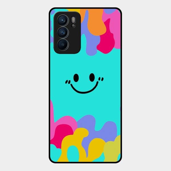 Cute Blue Smiley Multicolor Glass Case For Oppo Reno 6 5G