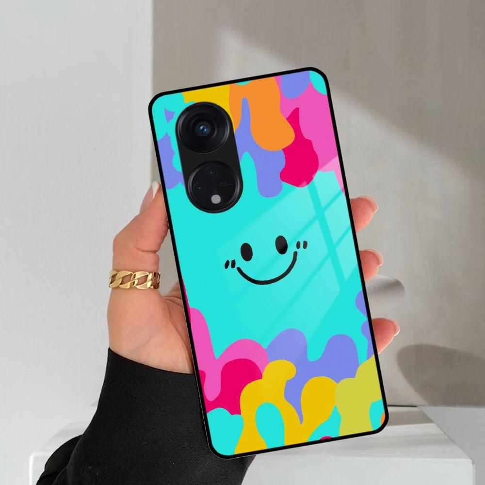 Cute Blue Smiley Multicolor Glass Case For Oppo