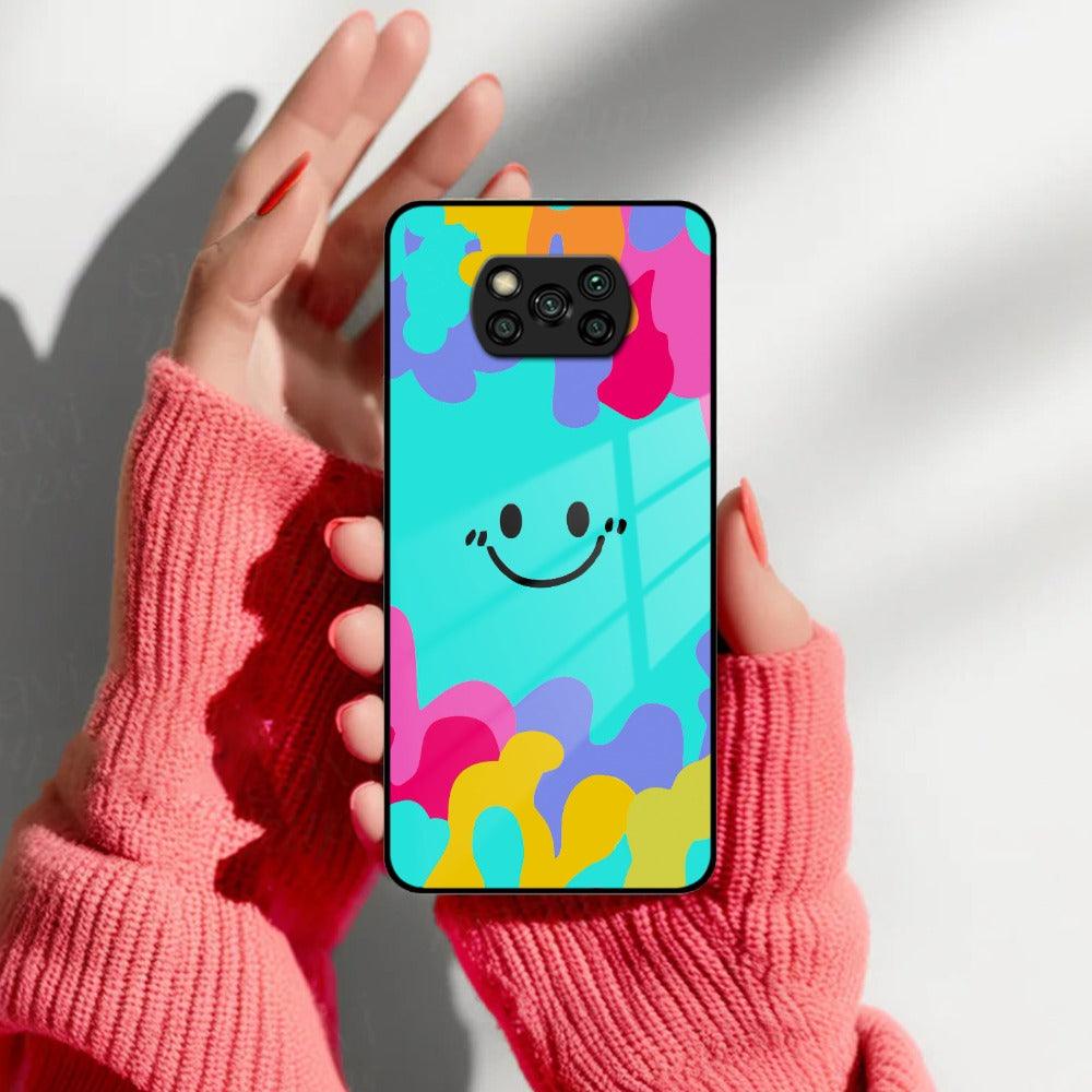Cute Blue Smiley Multicolor Glass Case For Poco
