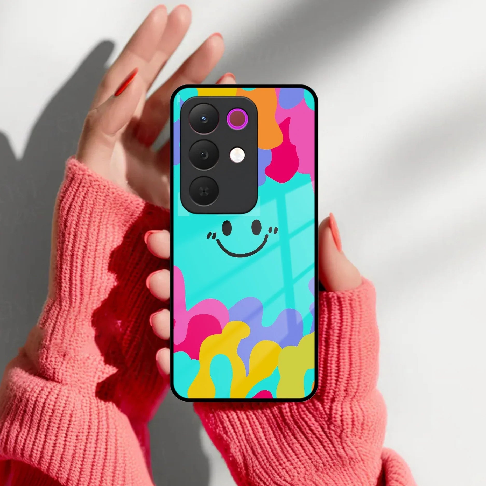 Cute Blue Smiley Multicolor Glass Case For Realme/Narzo
