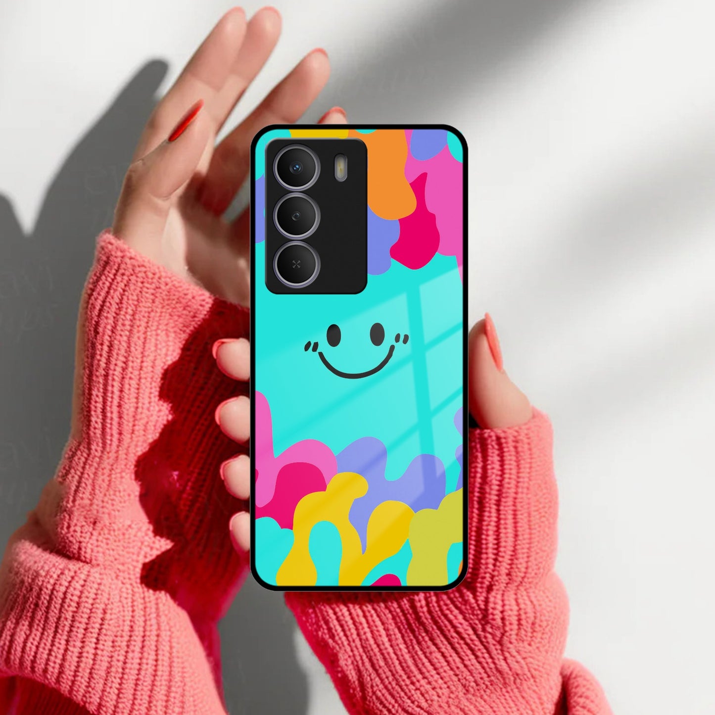 Cute Blue Smiley Multicolor Glass Case For Realme/Narzo