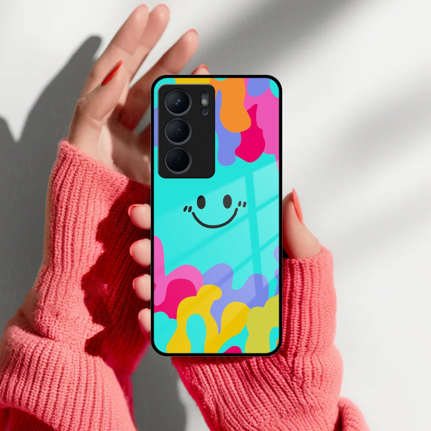 Cute Blue Smiley Multicolor Glass Case For Realme/Narzo