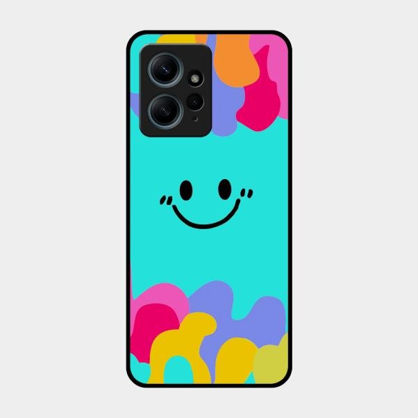 Cute Blue Smiley Multicolor Glass Case For Redmi Note 12 4G