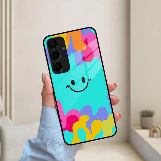 Cute Blue Smiley Multicolor Glass Case For Samsung