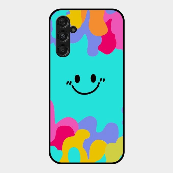 Cute Blue Smiley Multicolor Glass Case For Samsung Galaxy M34 5G