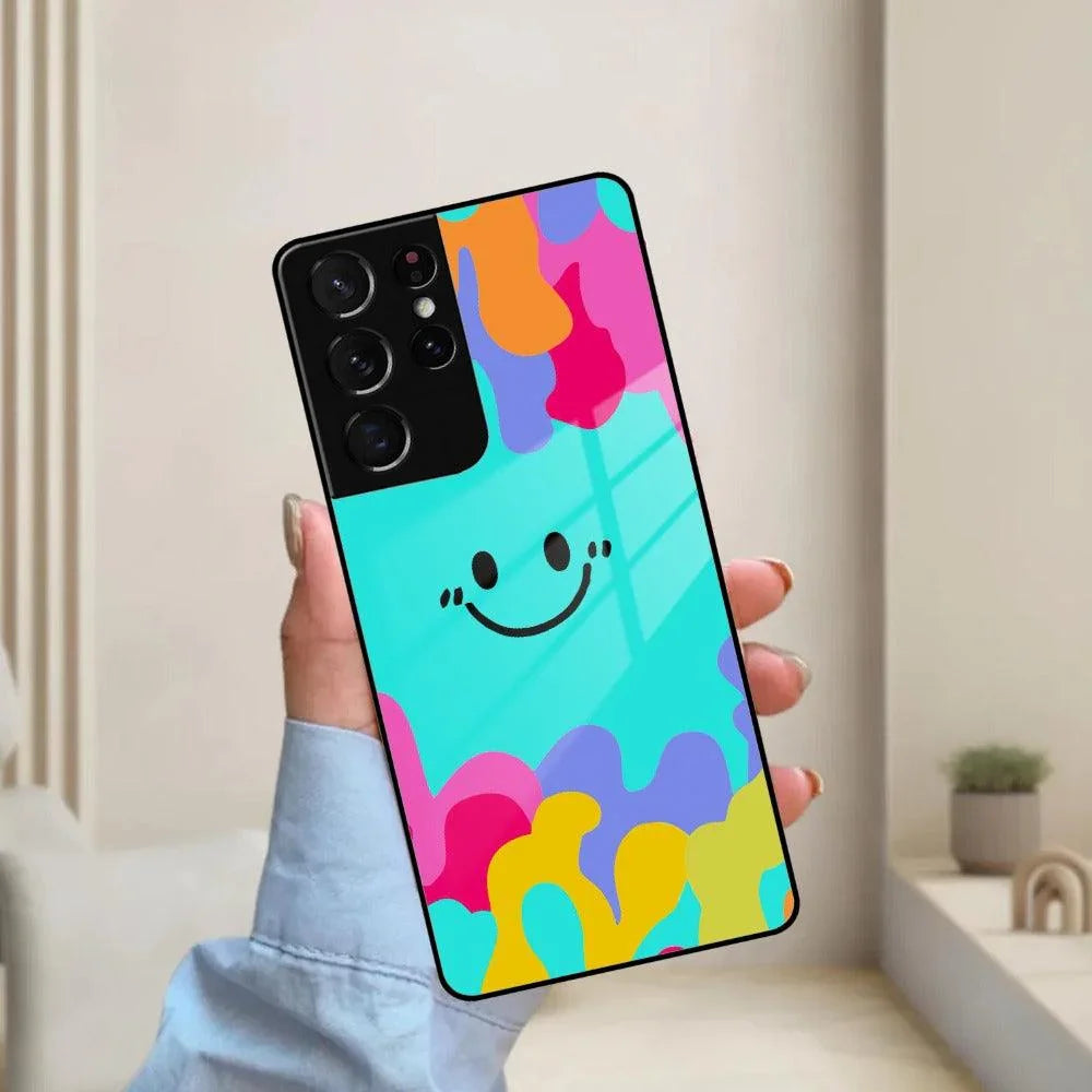 Cute Blue Smiley Multicolor Glass Case For Samsung - ShopOnCliQ