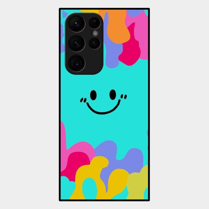 Cute Blue Smiley Multicolor Glass Case For Samsung Galaxy S22 Ultra 5G
